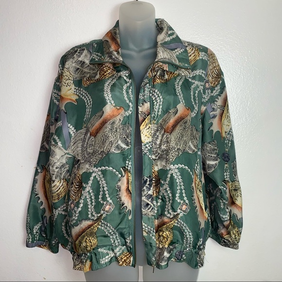 shanghai silk Jackets & Blazers - Vintage Shanghai Silk 100% silk green seashell ocean novelty print zip up jacket